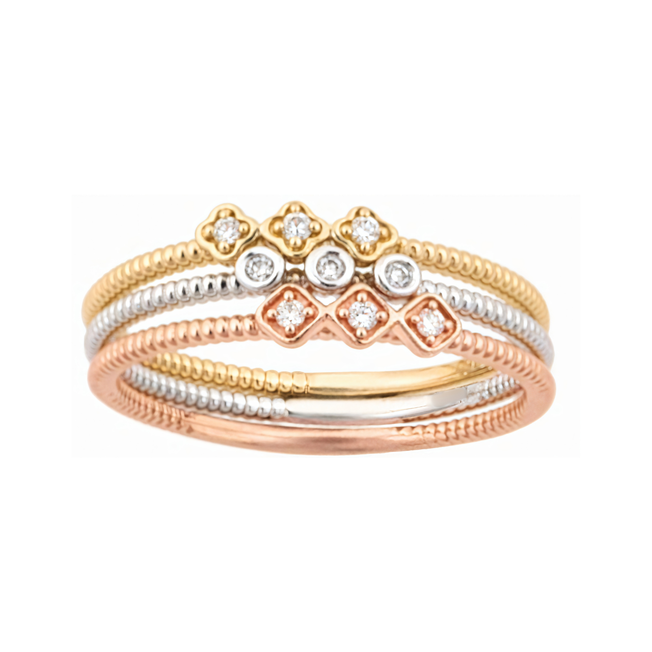 14K white, yellow, rose gold stacker ring set.